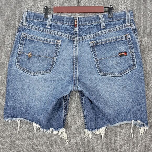 Ariat Jean Shorts Mens 38 Blue Low Rise M4 Boot FR Cut Offs Distressed Denim - Picture 7 of 10